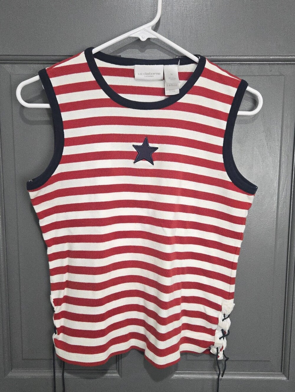 Liz Claiborne Red & White Striped Sleeveless Top with Navy Trim
